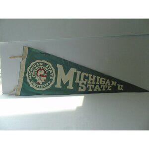 Vintage 1950's Michigan State U Pennant Spartan Green Felt Wall Decor Souvenir